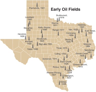 Map of Texas with locations of the early oil discoveries.